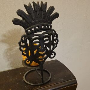 Black Metal Tribal Mask Candle Holder